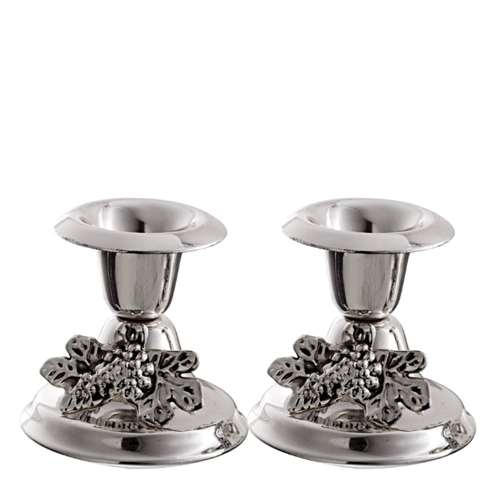Pair of mini silver plated candlesticks with raised grape clusters on the bases