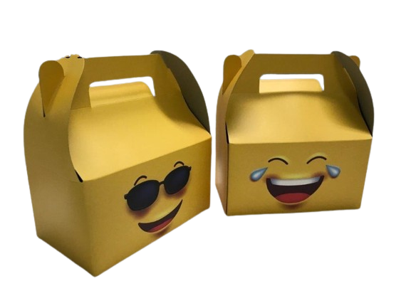 Two gold gable treat boxes with handles, one with a sunglasses emoji and one with a laughing emoji