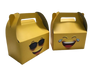 Two gold gable treat boxes with handles, one with a sunglasses emoji and one with a laughing emoji