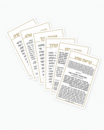 White credit-card-size tefillah cards fanned out, each with a thin gold frame and gold Hebrew heading, the Krias Shema card in front and the Birchas Hamazon card behind it