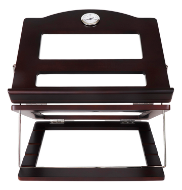 Dark wood table top shtender raised on its metal wire support, round clock inset at the top of the slanted panel and two rectangular cutouts below it