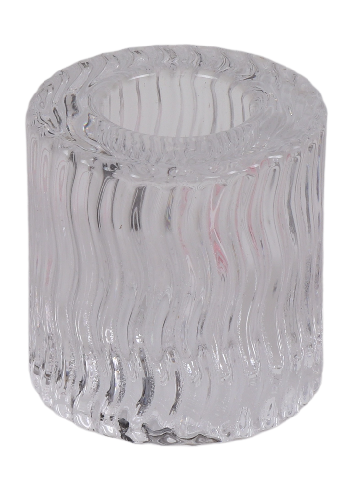 Short clear crystal candle holder with wavy vertical ribbing, side view