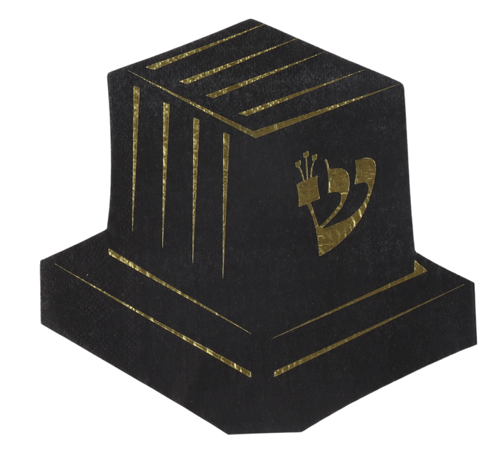 Black napkin cut in a tefillin shape with gold foil stripes and a gold Hebrew shin