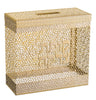 24K gold-plated tzedakah box with open geometric lattice cutwork and Hebrew Kupat Tzedakah, angled view