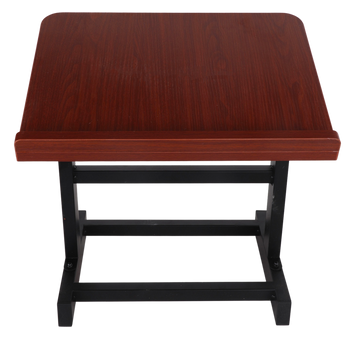 Mahogany-finish table top shtender seen from the front, slanted wooden top with a lip along the bottom edge, standing on black metal X-frame legs with crossbars