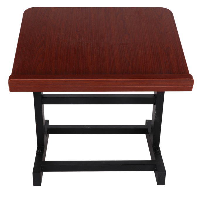 Mahogany-finish table top shtender seen from the front, slanted wooden top with a lip along the bottom edge, standing on black metal X-frame legs with crossbars