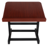 Mahogany-finish table top shtender seen from the front, slanted wooden top with a lip along the bottom edge, standing on black metal X-frame legs with crossbars