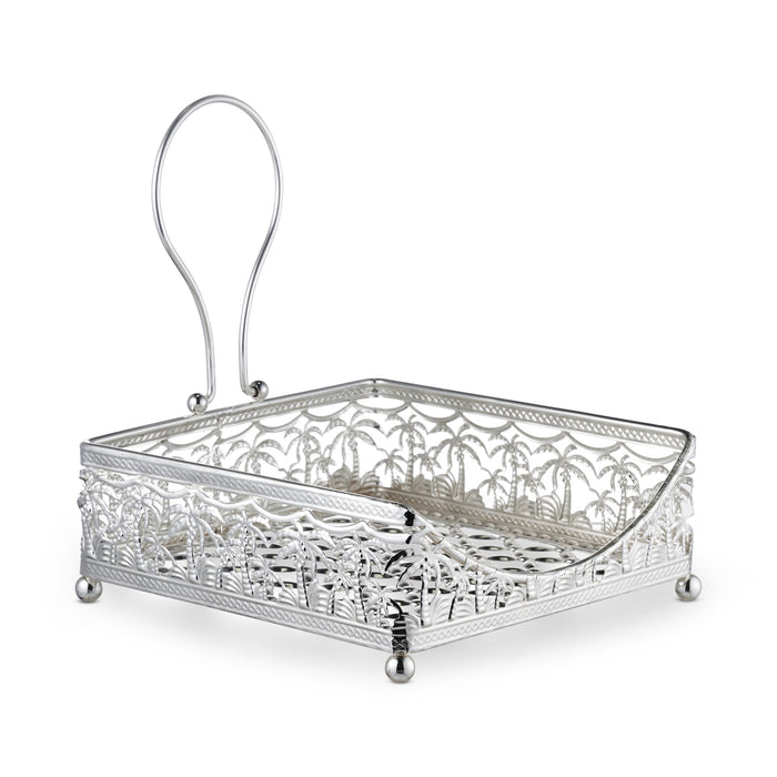 Silver-plated palm tree openwork napkin holder with tall loop handle and ball feet