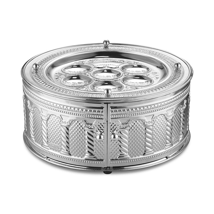 Round three-tier silver-plated seder plate with embossed columns and lattice panels, two front doors with ball handles and six Hebrew-labeled dishes on the top plate
