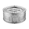 Round three-tier silver-plated seder plate with embossed columns and lattice panels, two front doors with ball handles and six Hebrew-labeled dishes on the top plate