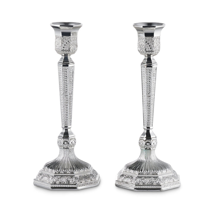 Candle Holder Filigree Silver Plated 7.5" — Shabbos Candlesticks (A&M Judaica)