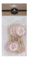 Pack of round pink cake picks with a baby carriage and baby motifs on wooden toothpicks