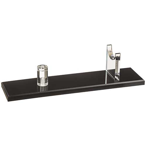 Black acrylic knife stand base with clear post and clear U-shaped cradle, angled view
