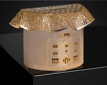 Tzedakah Box Gold 770 Round by Jerusalem Impressions 4x4x2 1/8x 1 5/8 "