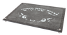 Gray marble-look glass challah board on small legs, lettered Lichvod Shabbat Kodesh in white Hebrew
