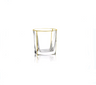 Clear square-sided crystal tumbler with a gold rim and thin gold vertical lines