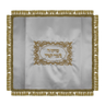 White satin shtender cover with gold fringe and gold embroidered Shivisi frame