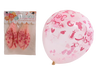 Clear balloon printed with pink baby motifs and Hebrew text beside its packaged pair