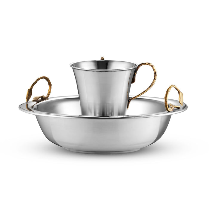 Washing Cup and Bowl Set Brass Leaf Handle Stainless Steel — Netilas Yadayim Cup