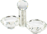 Two faceted octagonal crystal dishes beside a clear column of glass crystals topped with a faceted ball