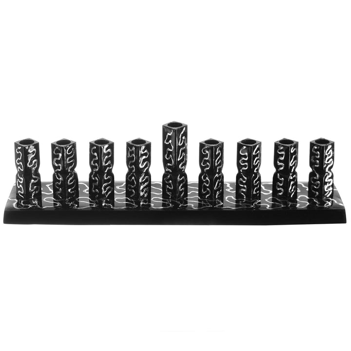 Strip Menorah Black with Silver Stripes Enamel Finish 2.5" H X 2" D X 9" L — Chanukah Menorah (A&M Judaica)