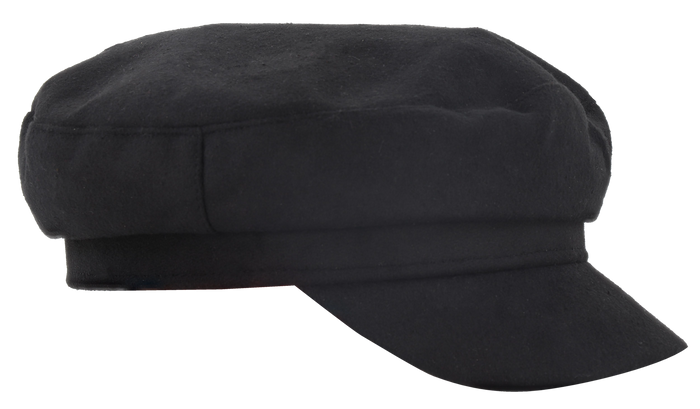 Black fisherman-style dashik cap with short front brim, side view