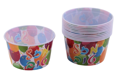 Plastic party bowls printed with colourful balloons and Hebrew Mazal Tov, stack and single bowl