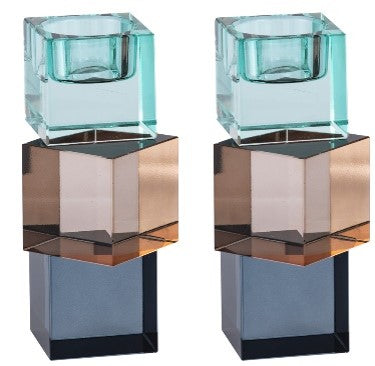 Pair of stacked aqua, amber and blue-grey crystal block candlesticks with tealight cups on top