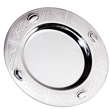Round silver-coated Kiddush tray with engraved scroll panels and four raised oval medallions on rim