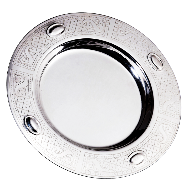 Round silver-coated Kiddush tray with engraved scroll panels and four raised oval medallions on rim