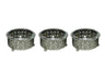 Three round pewter dip bowls with pierced lattice sides, beaded rims and clear inserts