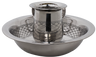 Stainless steel washing cup standing in a matching round bowl, both etched with a diamond lattice band