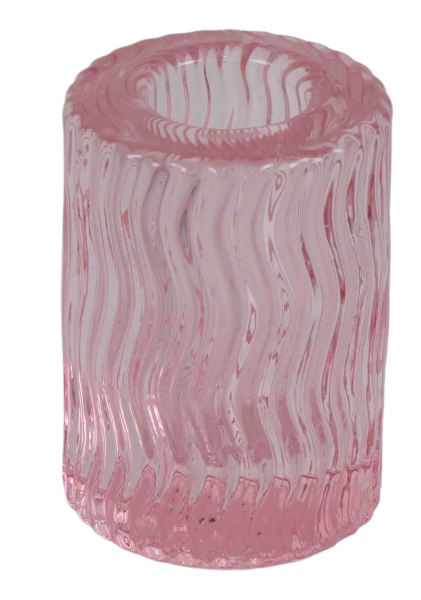 Tall pink crystal candlestick with wavy vertical ribbing, side view