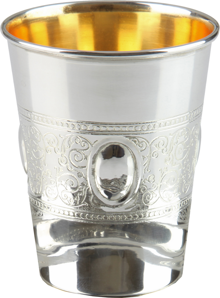 Silver-coated Kiddush cup with an engraved scroll band of oval medallions and gold-tone interior