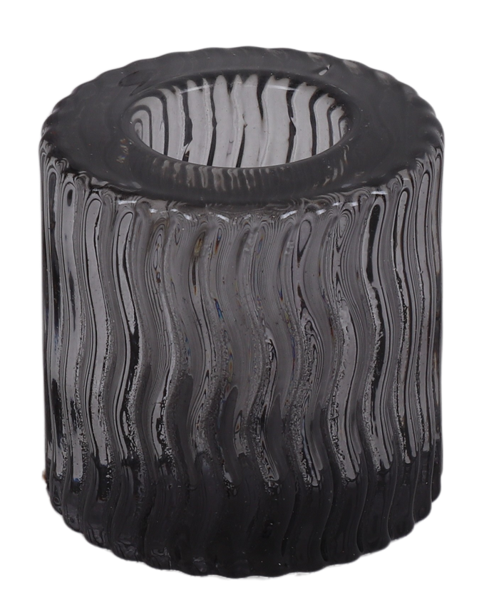 Short smoky black crystal candle holder with wavy vertical ribbing, side view