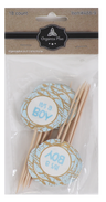Pack of round It's a Boy cake picks with light-blue lettering and gold-tone pattern on wooden sticks