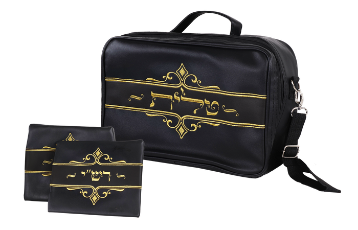 Black travel tallis bag with gold embroidered Hebrew and shoulder strap beside two black tefillin bags