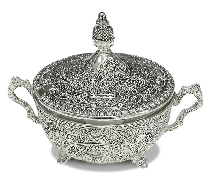 Dish Silver Plated Filigree with Spoon — Honey Dish (A&M Judaica)