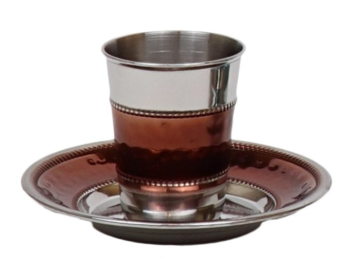 Stainless steel kiddush cup with hammered brown band on a matching brown plate