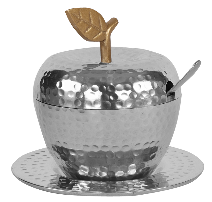 Hammered stainless steel apple honey dish with gold-tone leaf handle, spoon and hammered tray