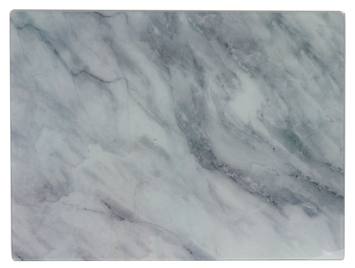 Rectangular glass cutting board printed with white and blue-gray marble veining, top view