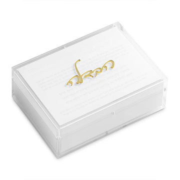Closed clear acrylic APEX havdalah box, white lid panel with raised gold cursive Havdalah lettering and faint Hebrew text printed behind it
