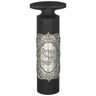 Black cylindrical wine bottle opener with embossed silver-tone Borei Pri Hagafen plaque and grapes
