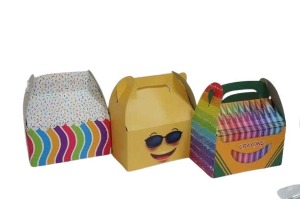 Three gable-shaped folding treat boxes with handles in waves, sunglasses emoji and crayon designs
