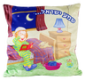 Square plush pillow printed with a cartoon boy in striped pajamas covering his eyes on his bed, Shema Yisrael in blue Hebrew above, a plush lamb, bedside lamp and a washing cup and bowl on the floor