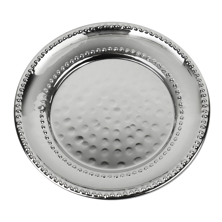Round stainless steel Kiddush cup tray with hammered centre and two beaded rings, top view