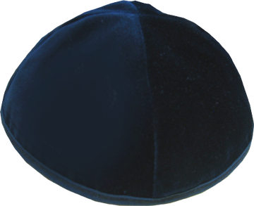 Navy blue four-panel velvet-look yarmulke with a trimmed rim, size 4