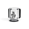Clear acrylic washing cup with two flat black handles, black trim at the rim and base and Al Netilat Yadayim in black brush-script Hebrew across the front
