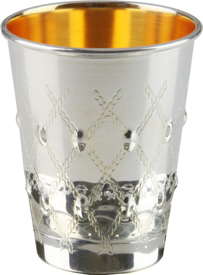 Silver-coated Kiddush cup engraved with a crisscross lattice and raised dots, gold-tone interior