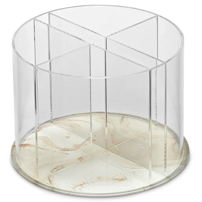 Round clear four-section cutlery holder on white pearl swirl base with gold flecks